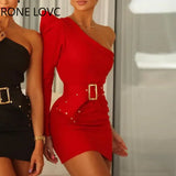 Women One Shoulder Puffed Sleeve Plain Bodycon Dress Elegant Fashion Party
