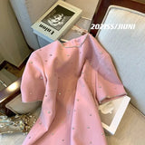 Mini Dresses For Women Luxury Diamond Pink Short Sleeve O Neck Dresses Office Ladies Elegant Slim Dresses Women