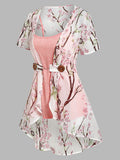 Spring New Asymmetric Twinset Peach Blossom Print Irregular Blouse And Camisole Set Fashion Female Short Sleeve Chic