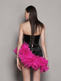 Strapless Backless Lace-up Feathers Dress Women Black Velet Feather Design Badycon Mini Dress Evening Catwalk Party