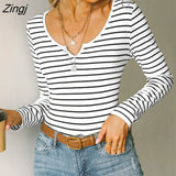 PETAL Black White Striped Split Neck Top For Woman Casual Long Sleeve Pullovers 2023 Spring Autumn Tee Shirts