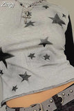 90s Vintage Grunge Patchwork T-shirts Y2K Harajuku Star Crop Top Grey Retro Women O Neck Full Sleeve Fall Spring