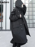 Spring Autumn Long Oversized Black Trench Coat with Hood Dark Academia Aesthetic Luxury Designer Clothes for Women