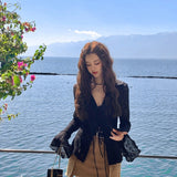 Y2K Lace Thin Shirt Women Sexy Sunscreen See Through Slim Blouses Vintage Skinny Casual Crop Tops Sun Protection