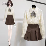Casual Fall Winter Two Pieces Sets Women French Vintage Bow Collar Full sleeve sweater + Pleated skirt sets Female