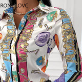 Women All Over Print V Neck Long Sleeve Shirt Blouse Women Blouses