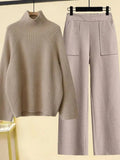 Winter Warm Two Piece Sets Womens Outfit Office Ladies Elegant Turtleneck Knitted Loose Sweater And Woolen Pants Sets