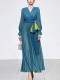 Women's Fashion France Vintage Pleated Long Dress Summer Autumn Sexy V-Neck Lace Up Party Runway Vestidos Female Elegant