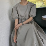 Zingj Chic Summer Elegant Contracted Round Collar Loose Versatile Bubble Sleeve Pressure Fold Closed Waist Design Long Dress-Outfit