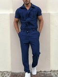 Summer Long Sleeve Stand Collar Zipper Romper For Men Casual Simple Long Pants Homesuit Fashion Mens Solid Lace-up