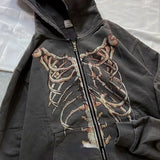 Gothic Streetwear Skeleton Print Oversize Hoddie Women Punk Harajuku Hip Hop Zipper Sweatshirt Female Mall Goth