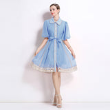 New Famous Summer Retro Collar Single Buckle Lace Lantern Sleeve