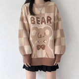 Light Brown Plaid Bear Cartoon Woman Sweaters Japan Kawaii Winter Tops Harajuku Fashion Teens Clothes Knitted