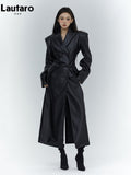 Spring Autumn Long Black Fitted Soft Pu Leather Trench Coat for Women with Shoulder Pads Luxury Designer Clothing