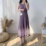 Women's Elegant Fashion Ice Silk Mesh Patchwork Knitted Long Dresses Ladies Sleeveless Temperament Slim Robe Casual