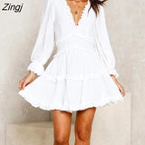 Elegant Ruffles Print Mini Dress Women Sexy Halter V-neck long-sleeved waist Puff sleeve Dresses 2022 women