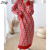 2022 Autumn Winter Thick Warm Geometry Knit Long Maxi Sweater Dress Women Korean Fashion Long Sleeve Pullover