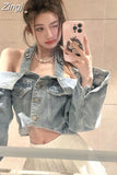 Hollow Out Halter Off Shoulder Y2k American Chic Short Jackets High Waist Women Crop Tops Coats Long Sleeve Denim