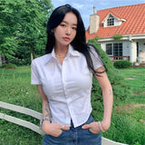 White Basic Shirts Women Preppy Style Short Sleeve Slim Blouses Student Korean Office Lady Sexy Crop Tops Work
