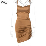 Satin Bodycon Backless Dress Women Solid Spaghetti Strap Dress Women Spring Casual Hollow Out Skinny Evening
