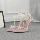 Zingj New Butterfly Pearl Rhinestone Fashion Pointed Transparent Crystal With High Heel Sandals-Outfit
