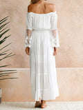 Lace Dress Women Slash Neck Off Shoulder Dress Female Hollow Out Long Dress Summer Ladies Boho Flare Sleeve Beach