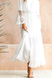 Lace Dress Women Slash Neck Off Shoulder Dress Female Hollow Out Long Dress Summer Ladies Boho Flare Sleeve Beach