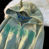 Horn Little Devil Letter Embroidered Zipper Hoodies Women Y2K Street Retro Trend Cardigan Couple Fashion