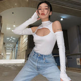 Autumn Long-sleeved Bodysuit Fashion Solid Color Hollow Off-shoulder Half High Collar