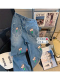 Jeans Women Fashion Vintage Basic Blue Ankle-length Denim Pants Sweet Flower Print Jeans Female Korean Summer 2022