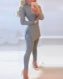 Warm Solid Long Sleeve Slit Knitted Sweater With Skinny Long Pants Suit Women's Elegant 2 Piece Outfits Sets