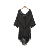 Queens Women Solid Half Sleeve Beach Tassel Loose Bohemian Mini Dress Ladies V-neck Boho Sundress