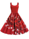 Winter Christmas Women Sexy Spaghetti Strap Swing Party Dress Vintage Robe Santa Snowflake Print