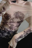 Print Slash Neck Tees American Retro Y2k Women Camisetas Long Sleeve Bottoming Streetwear Sexy Mesh Sheer Tshirts