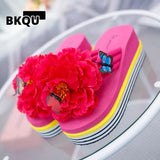 Women Sandals Flowers Slippers Summer Flip Flops Footwear Wedge High Heel Beach Thick Bottom Platform Slides