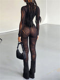 2 Pieces Mesh Sheer Patchwork Women Suits Sexy Street Clubwear Outfits See Through Long Sleeve Bodysuits Flared
