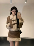 Fashion Faux Fur 2 Piece Skirt Set Women 2023 Winter Elegant Chic Jacket Coats Skirts Sweet Casual Female Clothing