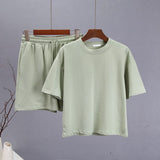 Summer Soft Cotton Sets Women Basic Casual Two Pieces T Shirts and Elastic Waist Shorts Pants Loose Solid