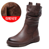 Layer Kraft Mid-Sleet Boots Women Autumn And Winter New Flat Bottom Comfortable Side Zipper Martin Boots Retro Style Horse
