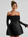 Lace Off-shoulder Patchwork Solid Mini Dress- Outfit
