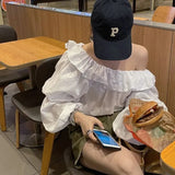 Vintage Elegant White Shirts Women Sexy Skew Collar Off Shoulder Folds Puff Sleeve Chic Blouses Korean Ruffles Loose
