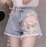 Styles Embroidery Ripped Denim Shorts 3D Floral High Waist Jeans Short Femme 2023 New Frayed Hole Shorts Women Summer