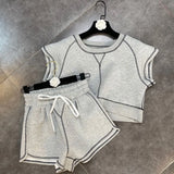 2022 Summer New Arrivals Sleeveless O Neck Crop Top Drawstring Shorts 2 Piece Set Women Outfits Grey
