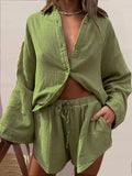 Long Sleeve Lapel Single Breasted Cardigan Shirt + Elastic Waist Shorts 2 Piece Set Women Casual Loose Solid Pocket