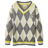 Brand Chic Vintage V-neck Argyle Sweater Women Harajuku Teens Loose Winter Pullovers Green Red Y2K Preppy Clothes