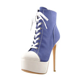 Onlymaker Women's Canvas Platform Lace Up Ankle Boots16cm High Heel Side Zipper Plus Size Fashion Sexy Stiletto
