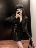 Women Punk Gothic Cropped Blazer with Metal Chain Harajuku Design Streetwear Chic Patchwork Suit Office Lady Commute Short