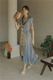 Reflective Puff Sleeve Long Midi Dress Women V Neck Tunic Asymmetrical Button Short Sleeve Flowy Ladies Summer