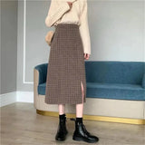 High Elastic Waist Long Skirt Women Y2k Vintage Plaid Split Midi A-Line Skirts Korean 2022 Autumn Winter Wool