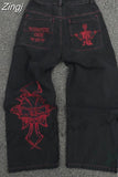 Street Popular Vintage Gothic Embroidered Jeans Women Harajuku Hip Hop Baggy Jeans Punk Rock Straight Pants Casual Jeans